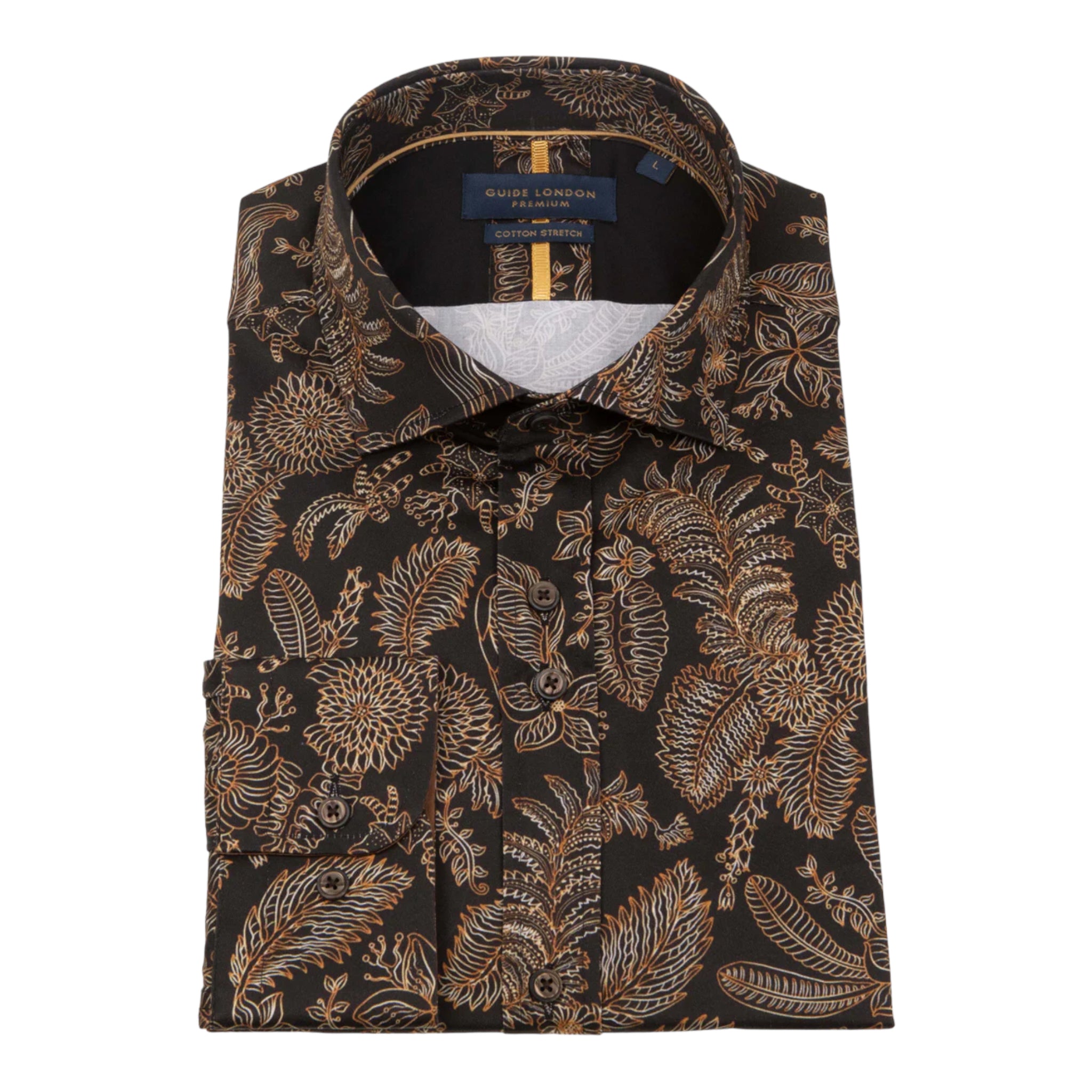 Guide London LS76723 Black & Gold Floral Stencil Pattern Long Sleeve Shirt