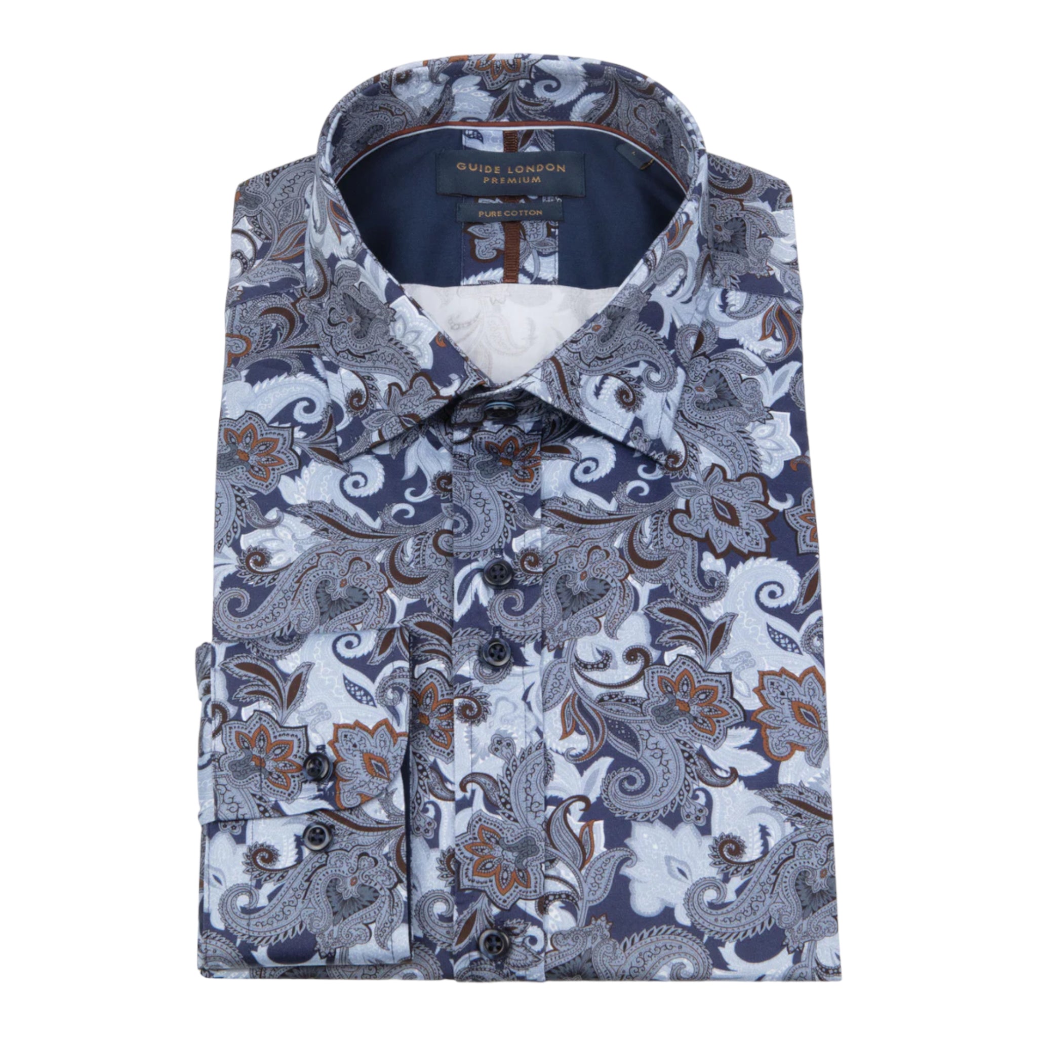 Guide London Blue & Brown Paisley Premium Cotton Long Sleeve Shirt (LS76662)