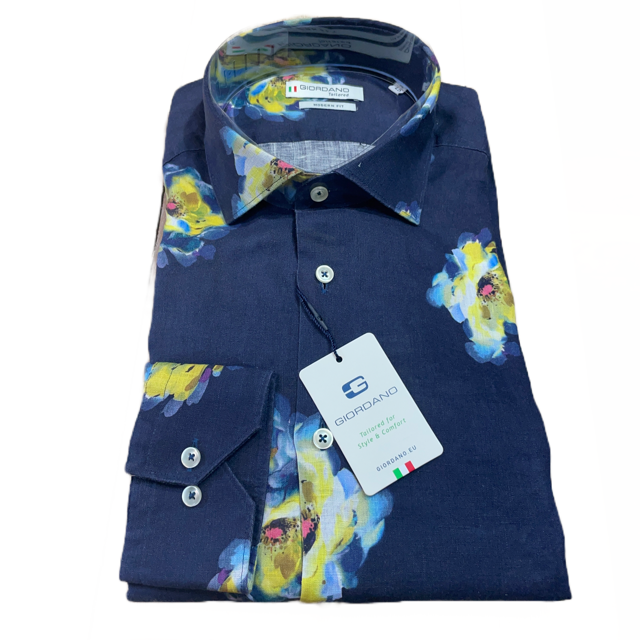 Giordano Navy Linen Floral Print Long Sleeve Shirt (107823/60) - PendulumMensWear
