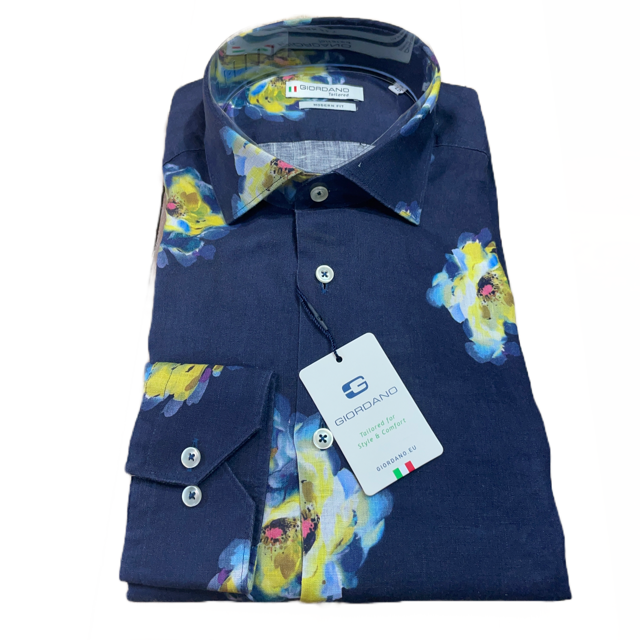 Giordano Navy Linen Floral Print Long Sleeve Shirt (107823/60)