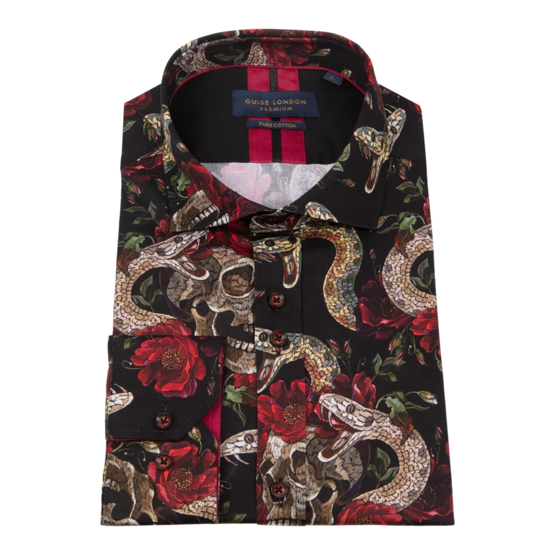 Guide London LS76740 Red Edgy Skull,Roses, and Snake Print Long Sleeve Shirt