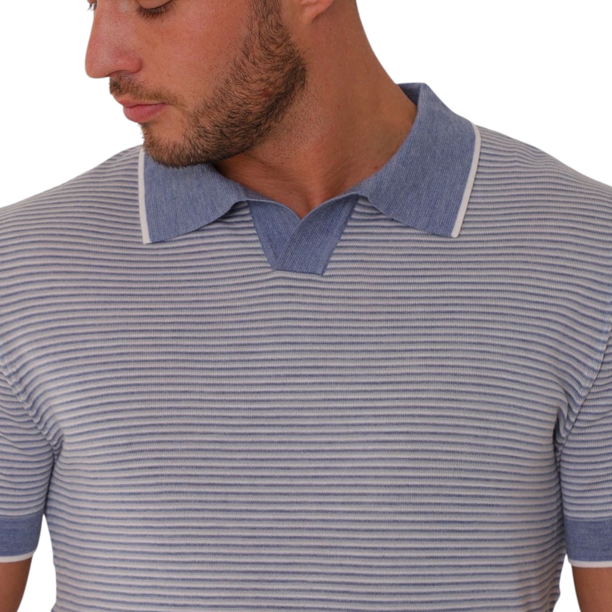 Thomas Maine Sky Blue Striped Merino Wool Knitted Polo Shirt (83TM115/62) - PendulumMensWear