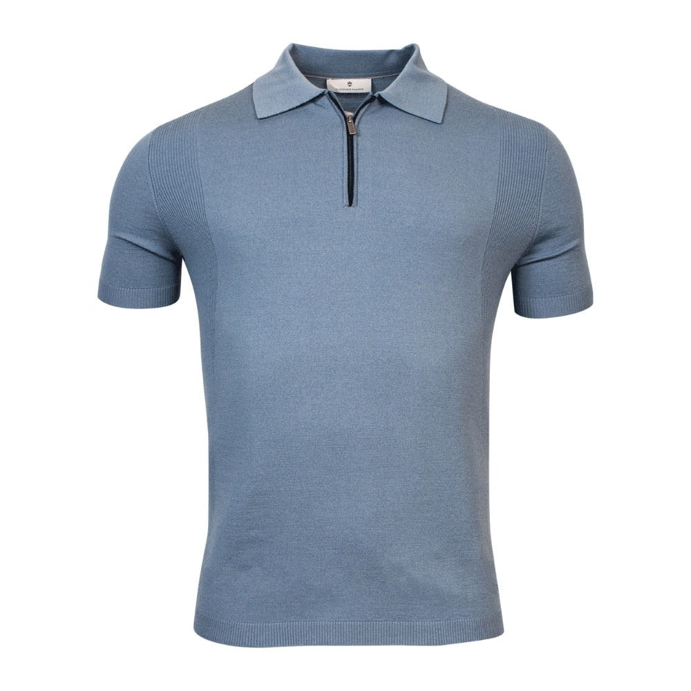 Thomas Maine Merino Wool Sky Blue Zip Collar Polo Shirt (3183TM208/97) - PendulumMensWear