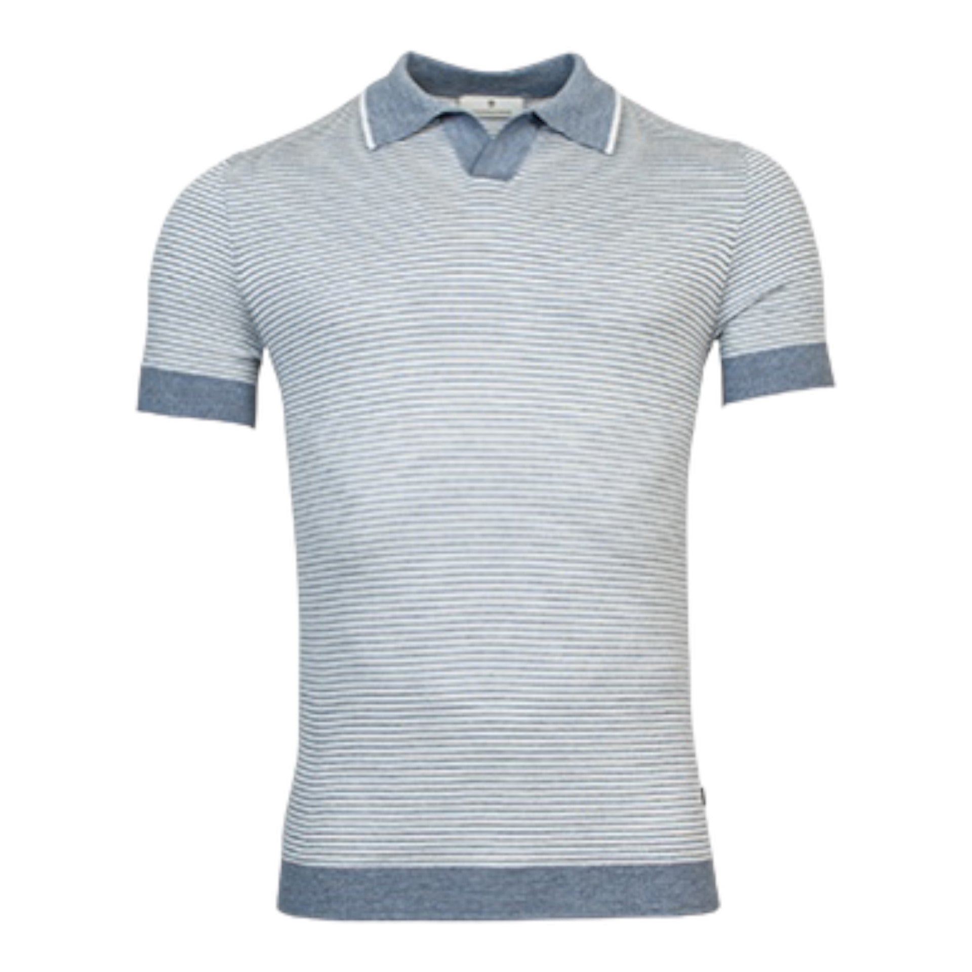 Thomas Maine Sky Blue Striped Merino Wool Knitted Polo Shirt (83TM115/62) - PendulumMensWear