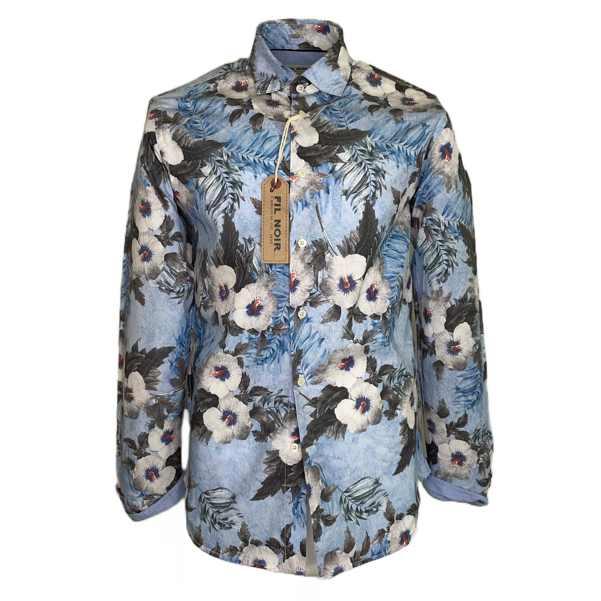 Fil Noir Blue Leaf & Flower Print Long Sleeve Shirt