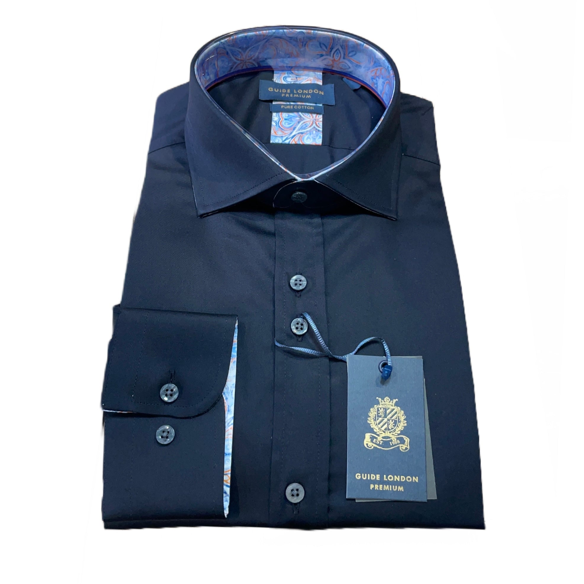 Guide London Long Sleeve Solid Navy Sateen Print Contrast Shirt (LS 76565)