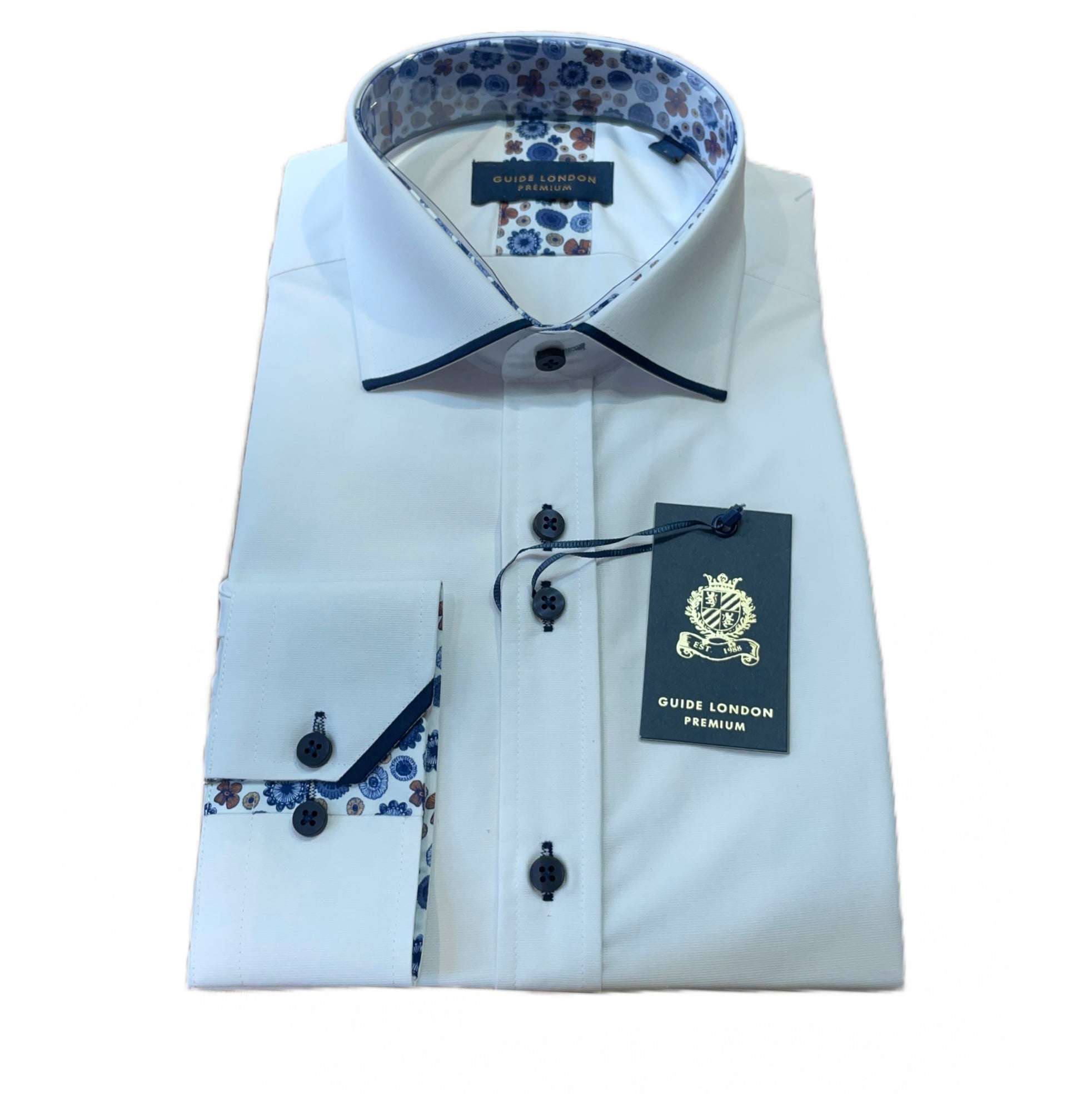 Guide London White / Navy Long Sleeve Contrast Collar Tip Shirt (LS 76586)