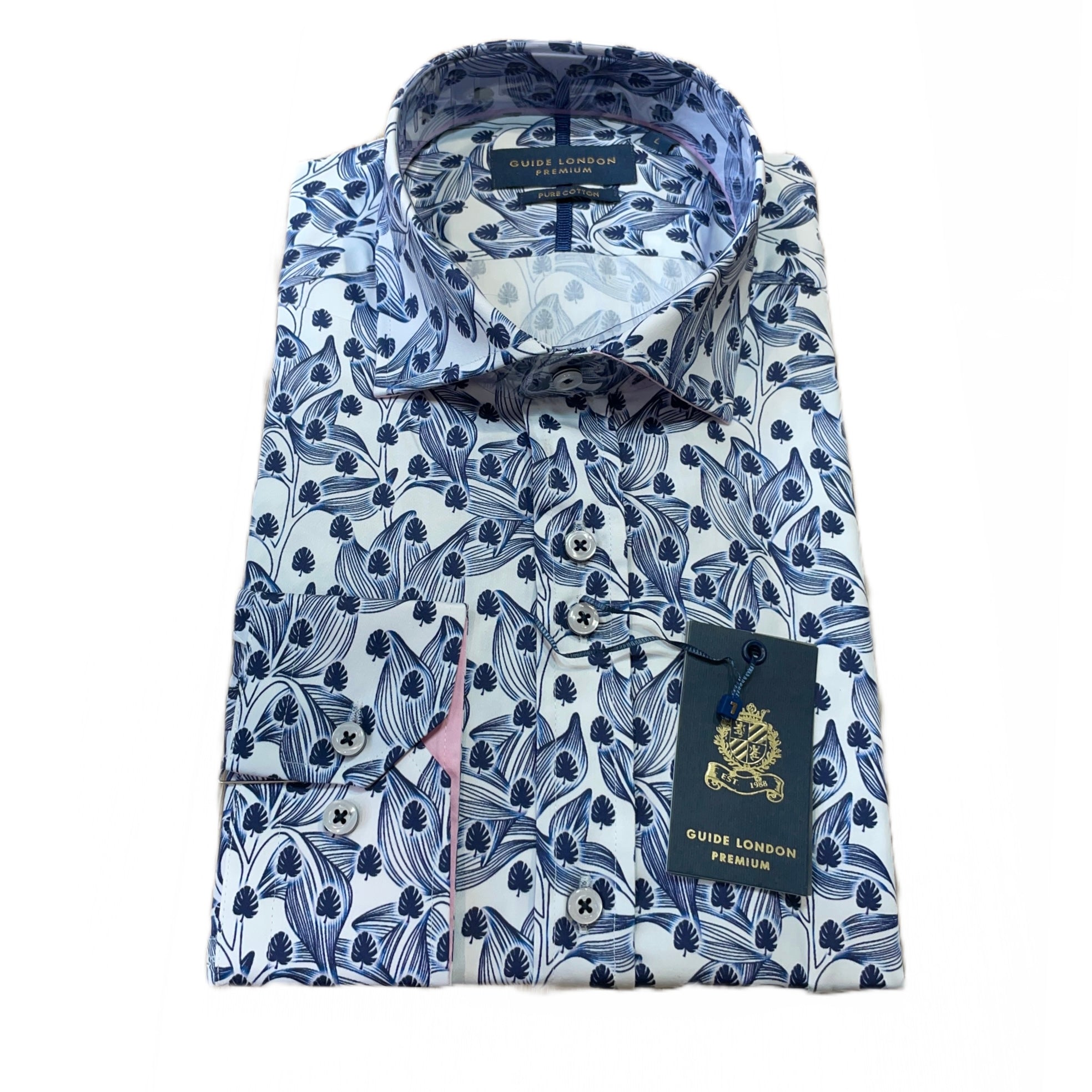 Guide London White / Blue Long Sleeve Mixed Leaf Print Shirt (LS 76465)